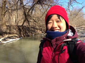 Pauline on winter walk, in non-matching outfit